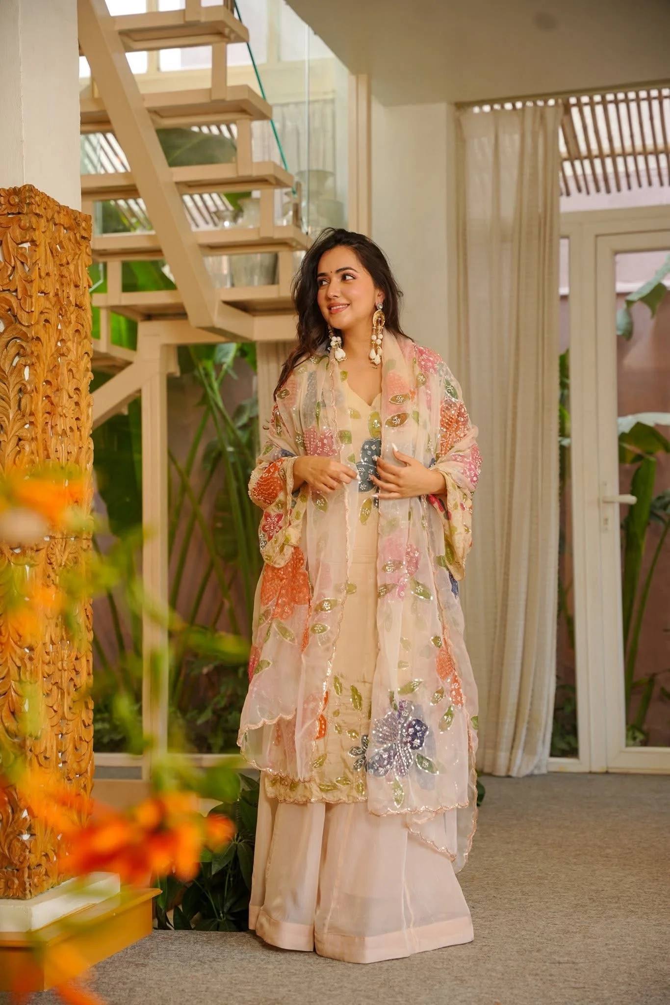 Urban Cream Pastel-Embroidered Sharara Set